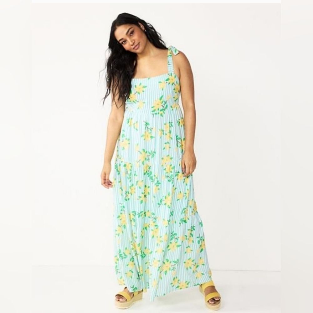 Draper James  XXL Turquoise White Stripe Floral Tiered Maxi Dress Linen Blend